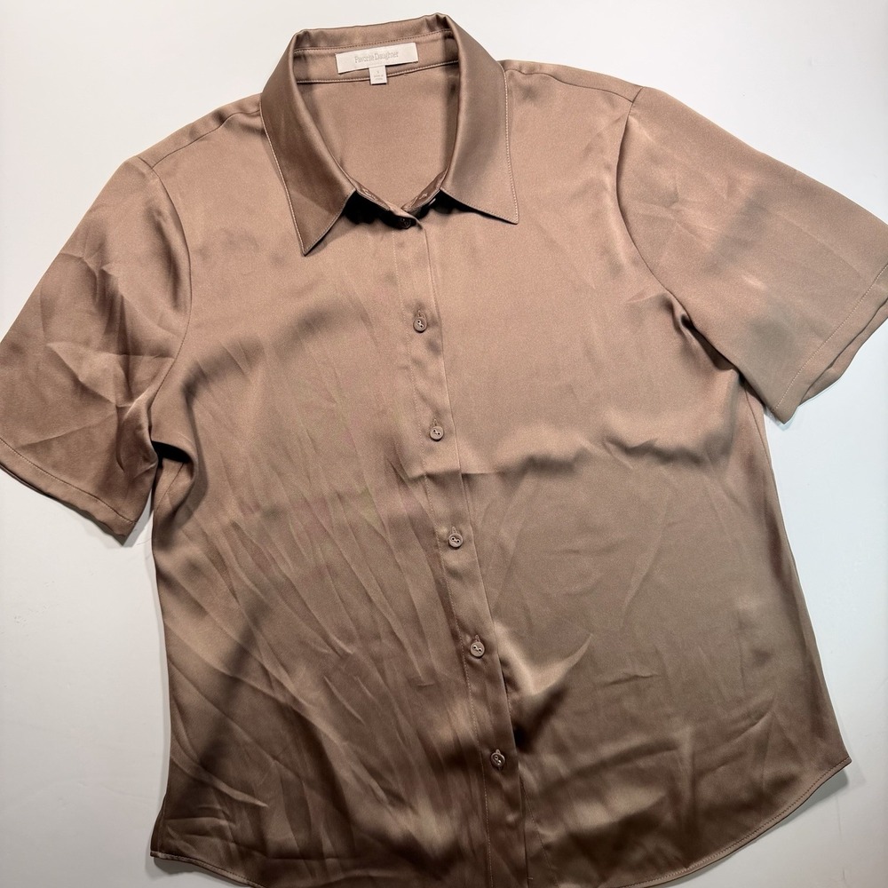 Favorite Daughter S Brown Short Sleeve Silk Button Up Minimalist Old Money